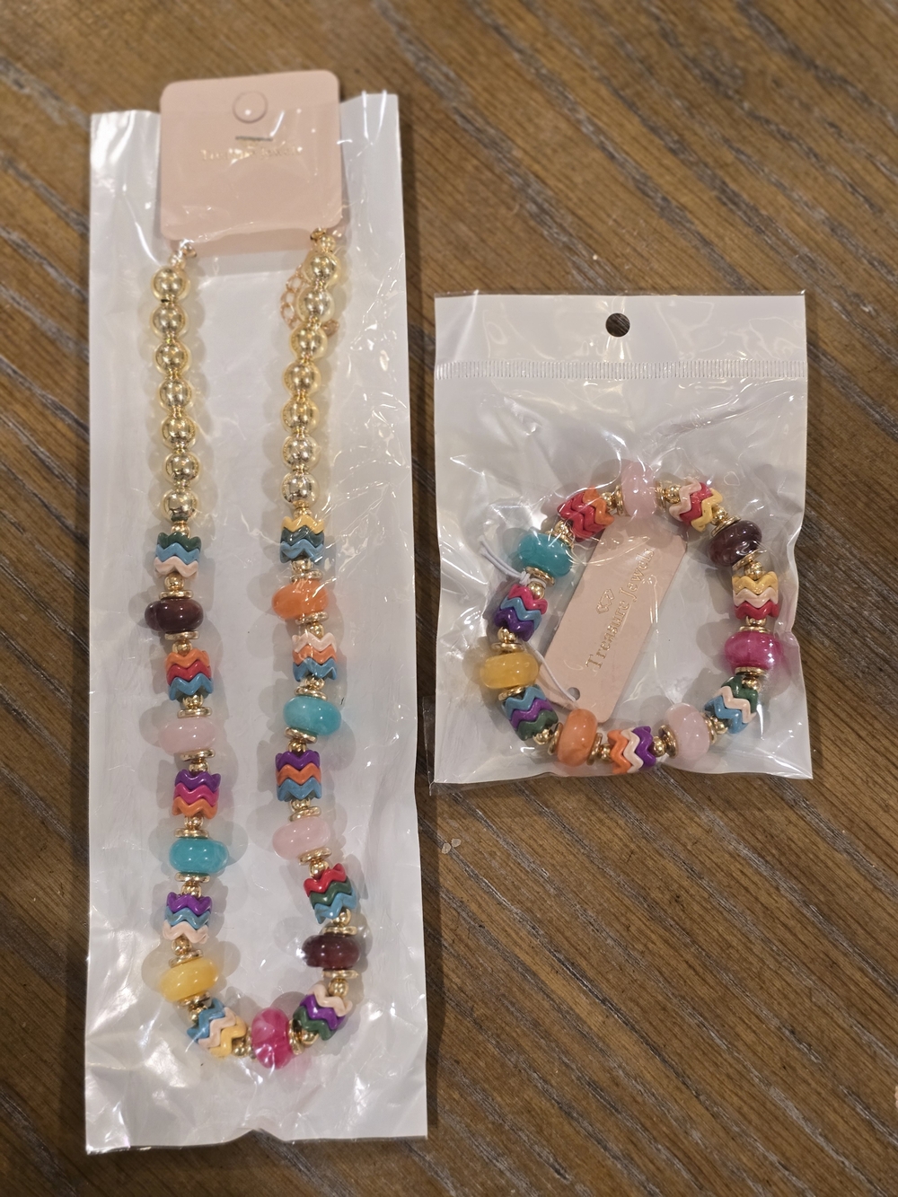 Multicolor Chevron Bead Necklace & Bracelet Set - Vibrant Gold Accents